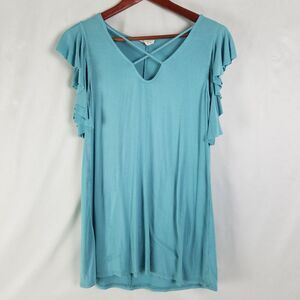 143 Story Shirt Womens Small Blue‎ Top Sheer Short Flutter Sleeve Strappy Neck